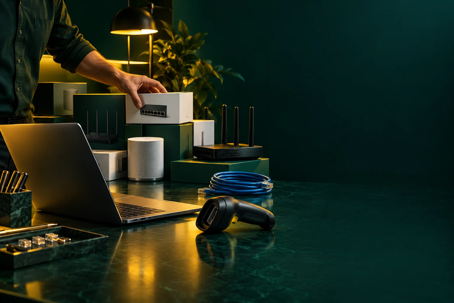 Estación de investigación de productos tecnológicos con laptop, escáner y equipos de red
