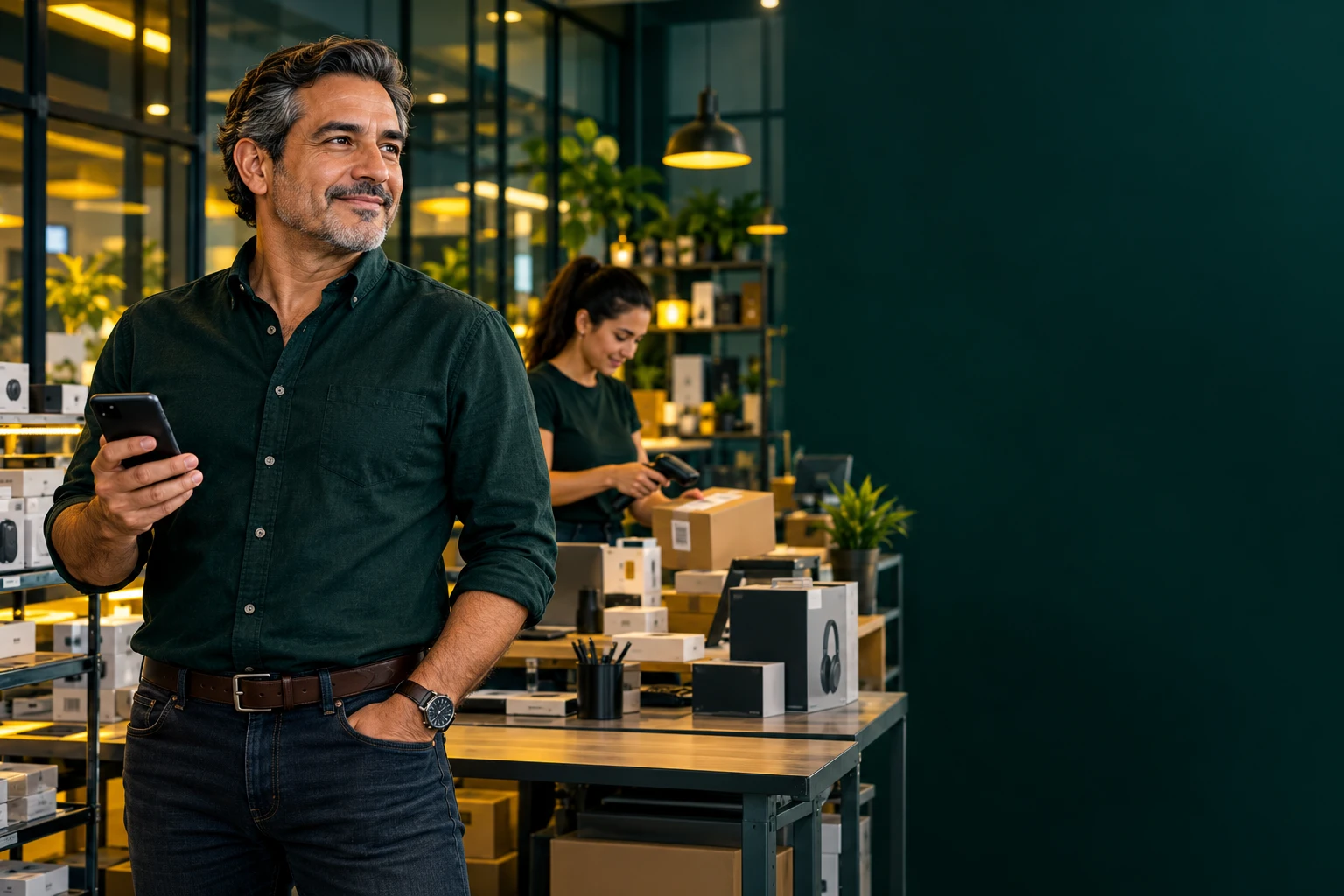 Responsable de una tienda usando su teléfono mientras su equipo prepara productos